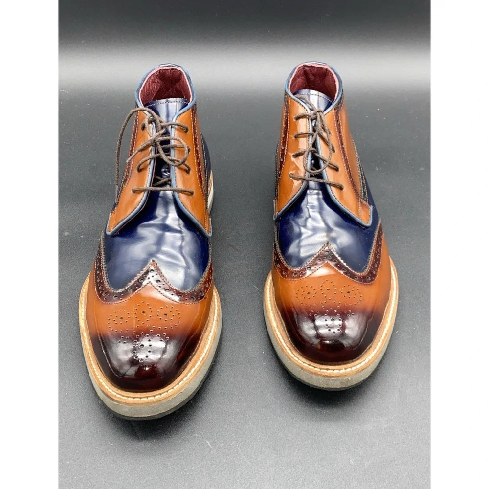 Brown-Navy Blue Wingtip Derby Leather Dress Shoe Men's 42